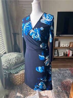 Navy Blue Floral Wrap-Style Dress Ralph Lauren